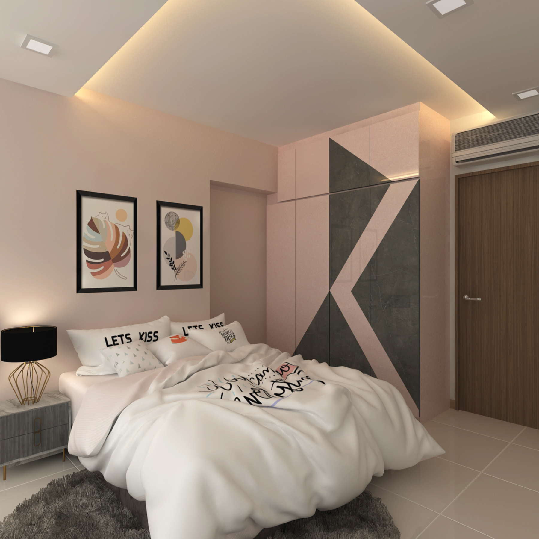 Bold bedroom with geometric wardrobe design in pink and grey tones, false ceiling with cove lighting in Ubi Road HDB